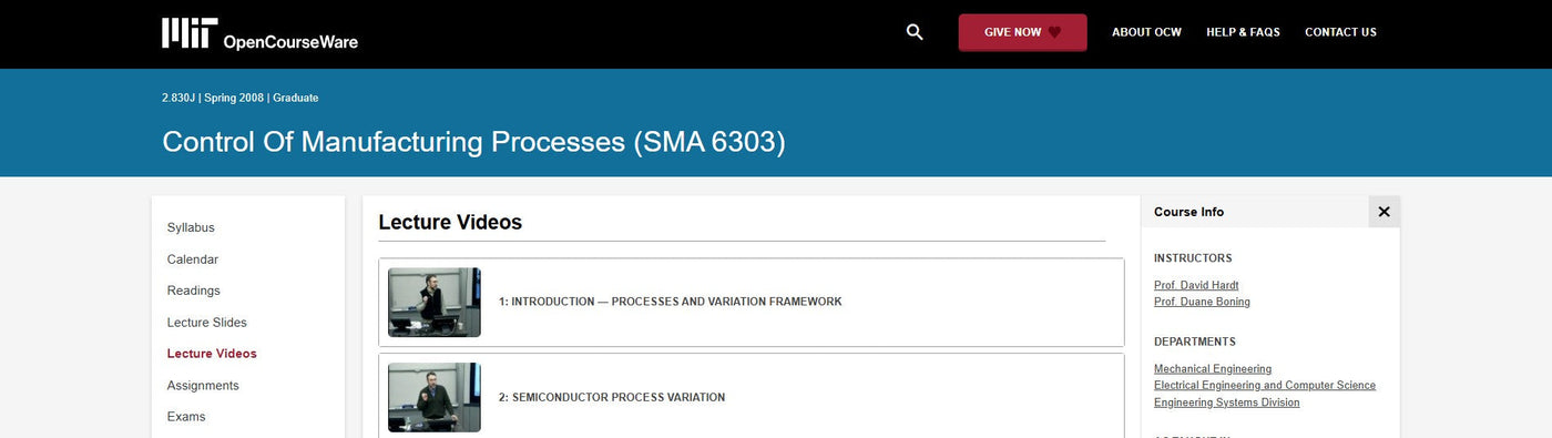 Control of Manufacturing Processes (SMA 6303) Overview and Key Techniques