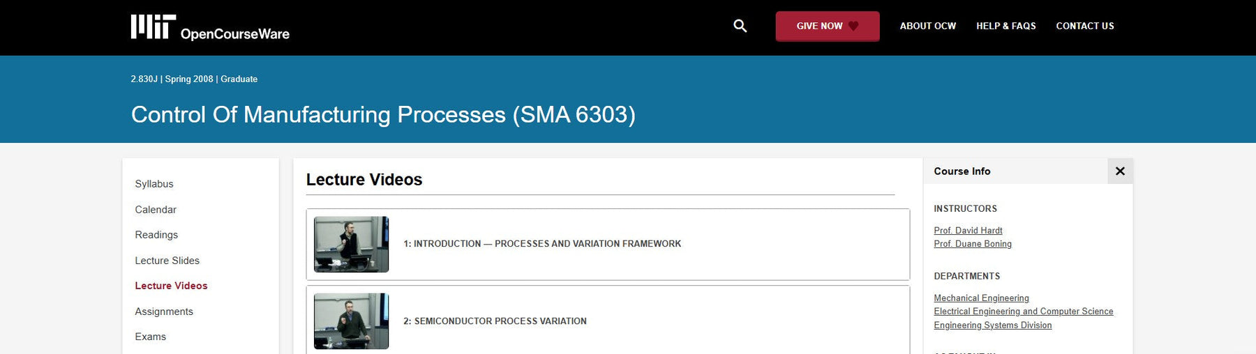 Control of Manufacturing Processes (SMA 6303) Overview and Key Techniques